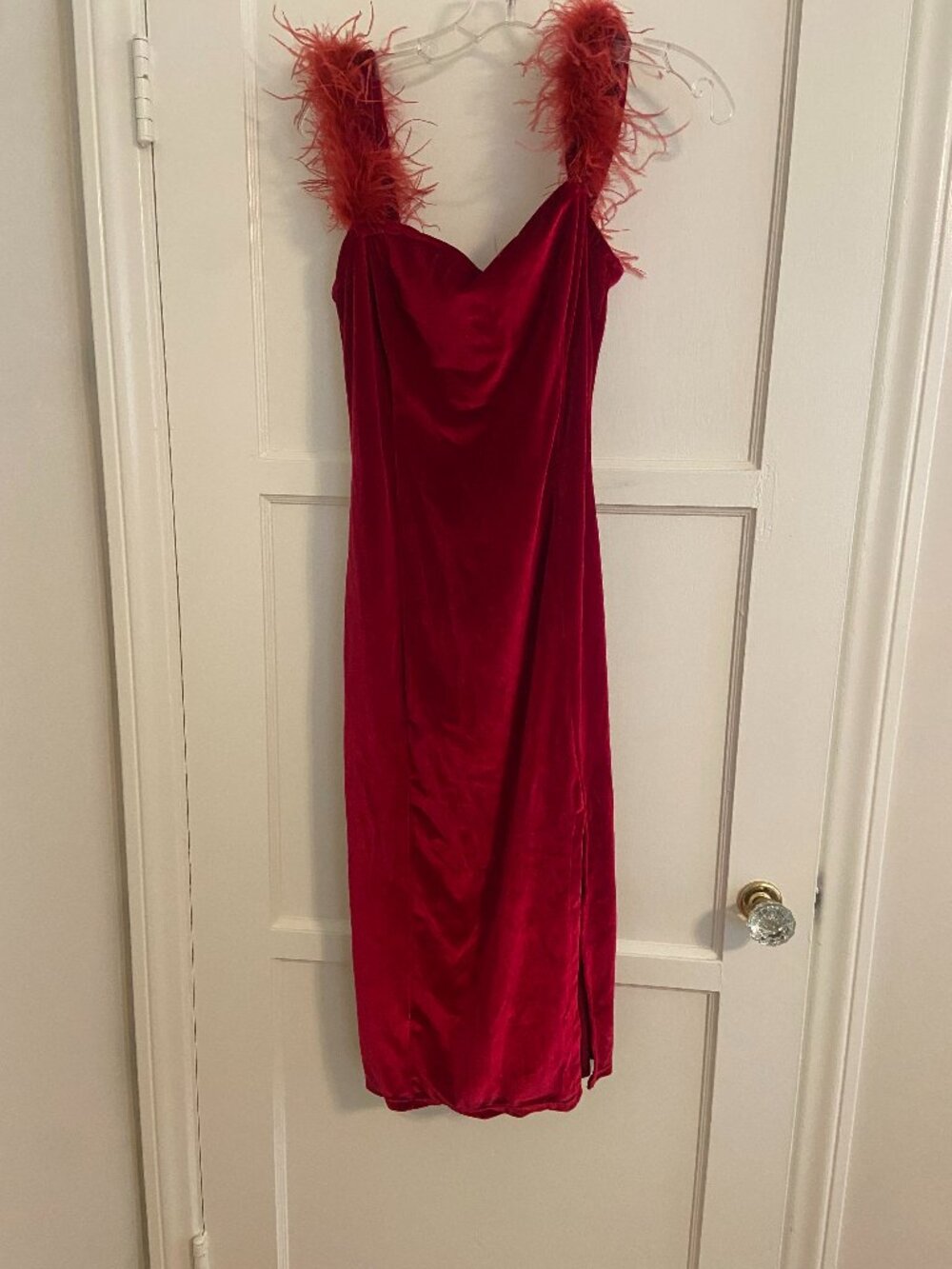 Sprolike Velvet Red Dress with Feather Trim (L)